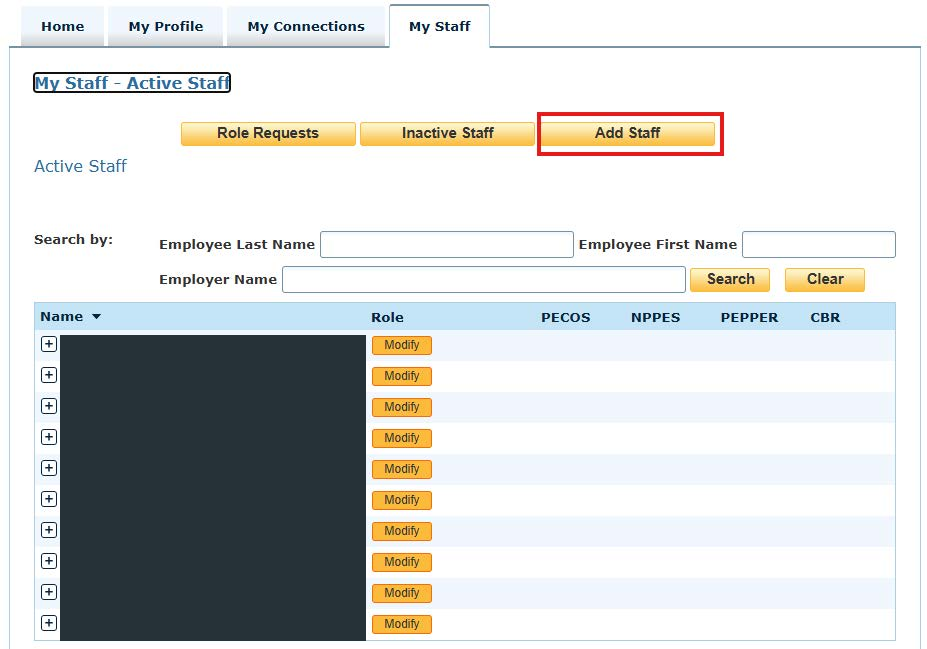 I&A My Staff tab, Add Staff button, search fields and business-function columns