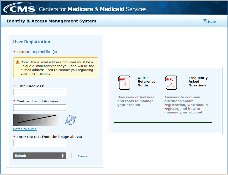 I&A User Registration email and confirmation fields, CAPTCHA and Submit button