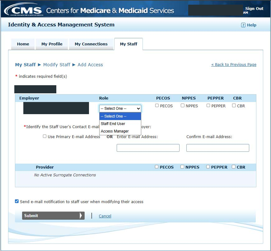 I&A Add Access role dropdown showing Staff End User and Access Manager, and PECOS business-function checkbox
