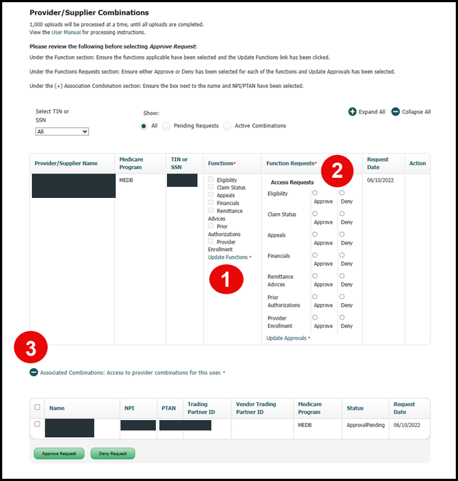 NMP function checkboxes, Approve and Deny choices, Associated Combinations and Approve Request button
