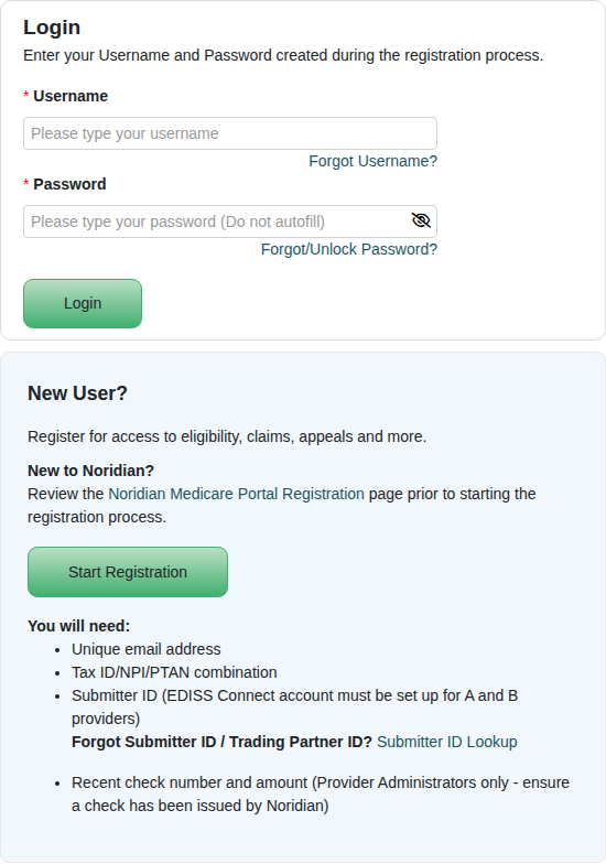 NMP Username and Password fields, Forgot Username, Forgot/Unlock Password, Login and Start Registration