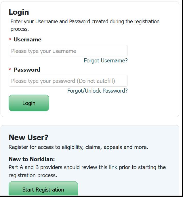 NMP Login fields, username and password recovery links, and New User Start Registration button
