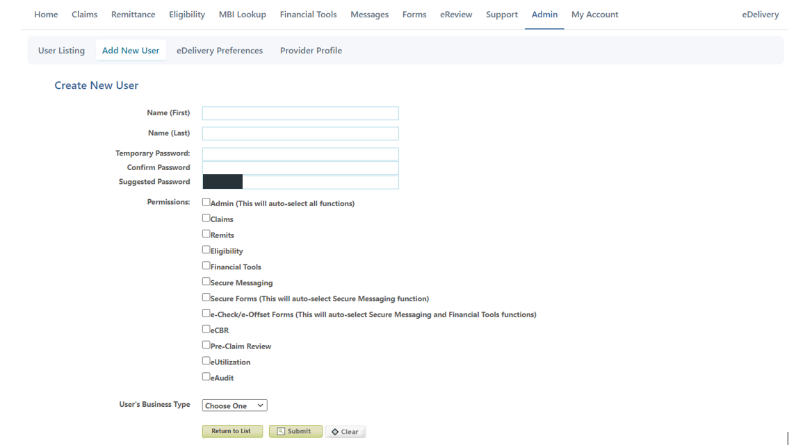 eServices Admin Add New User form with name, temporary-password and permission fields and Submit