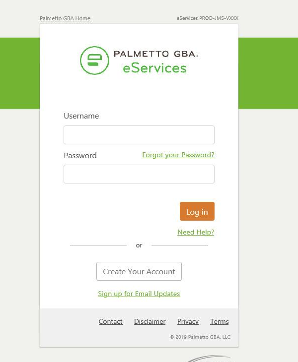 Palmetto eServices Username and Password fields, Forgot your Password, Log in, Need Help and Create Your Account