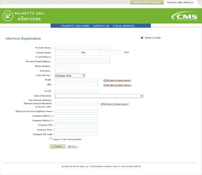 eServices Registration contact fields, PTAN, NPI, Tax ID, Line of Business, payment amount or access code and Submit