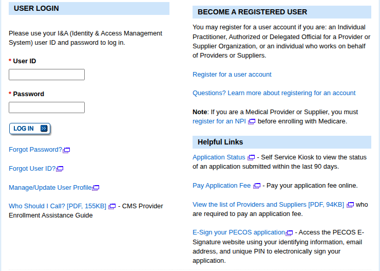 PECOS User Login fields, password and user-ID recovery, and Register for a user account link