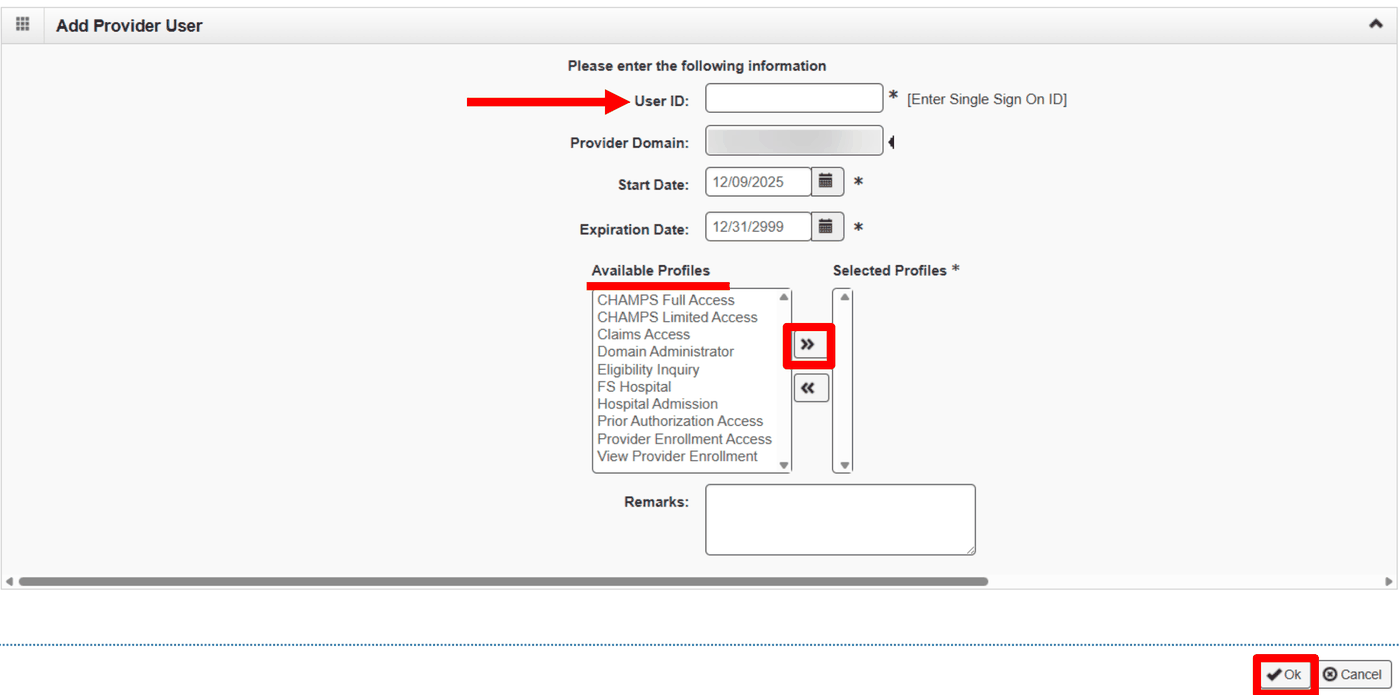 Add Provider User: enter the biller’s own MiLogin User ID, move needed profiles to Selected Profiles and choose OK