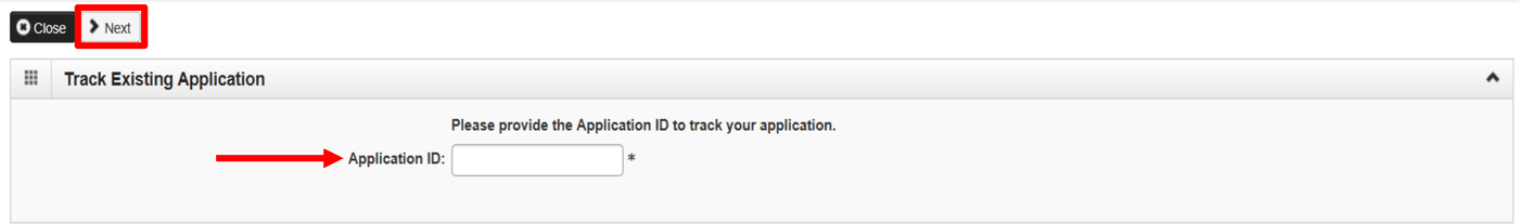 Track Existing Application: enter Application ID, then Next