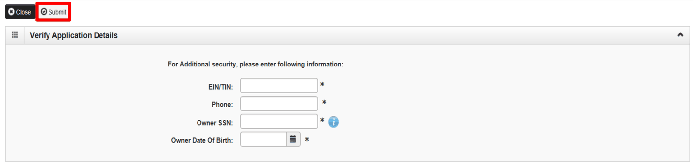 Verify Application Details: complete required identity fields, then Submit