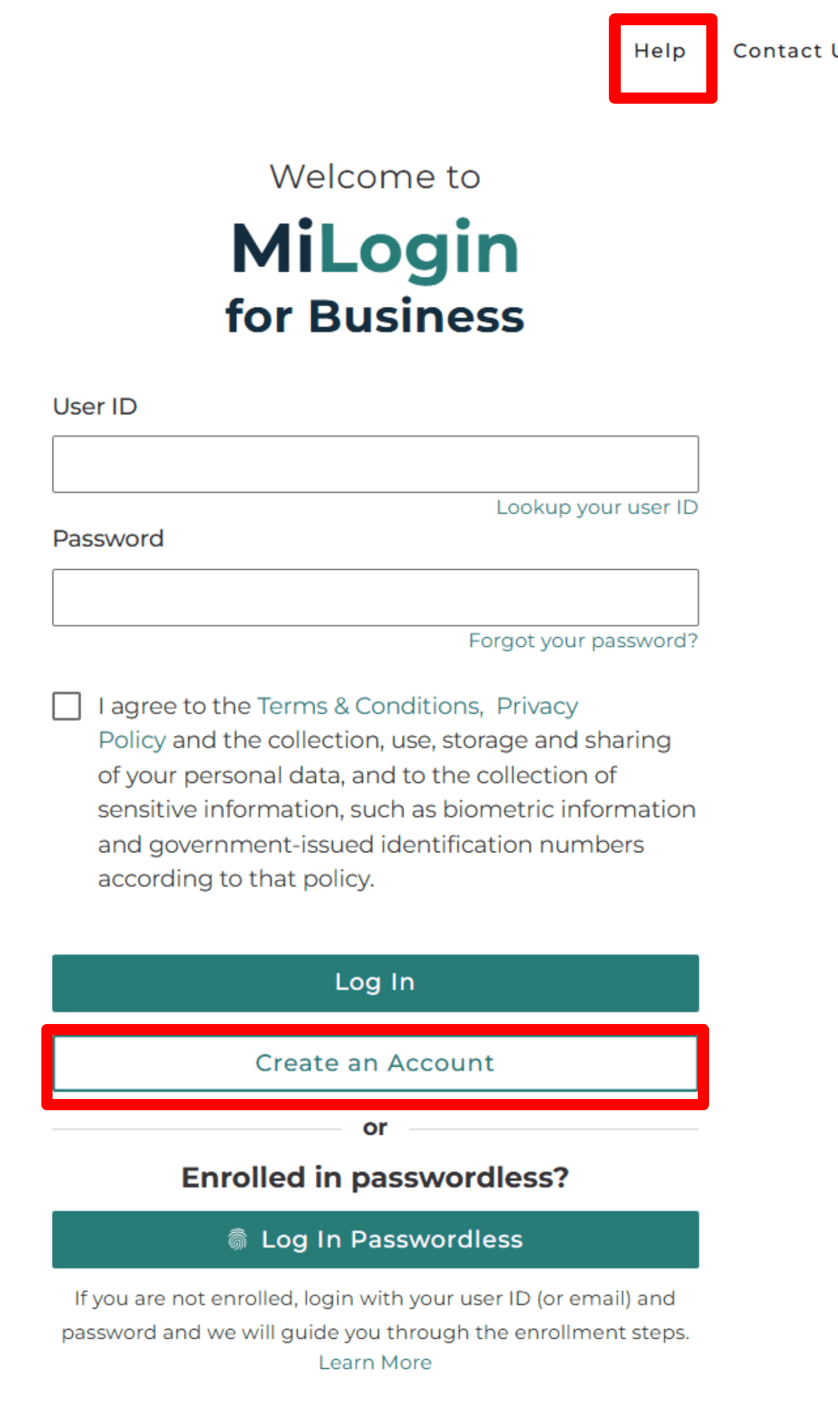 MiLogin for Business: User ID, Password, Log In, Create an Account, user ID lookup and password recovery