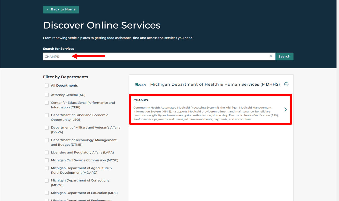 Discover Online Services: search for CHAMPS and choose the CHAMPS result
