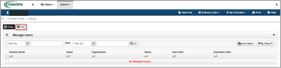 CHAMPS User List with Add highlighted to create a provider-user assignment; sample username covered