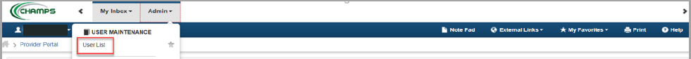 CHAMPS Admin menu with User List selected to manage provider users; sample username covered