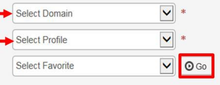 CHAMPS Select Domain and Select Profile menus with the Go button highlighted