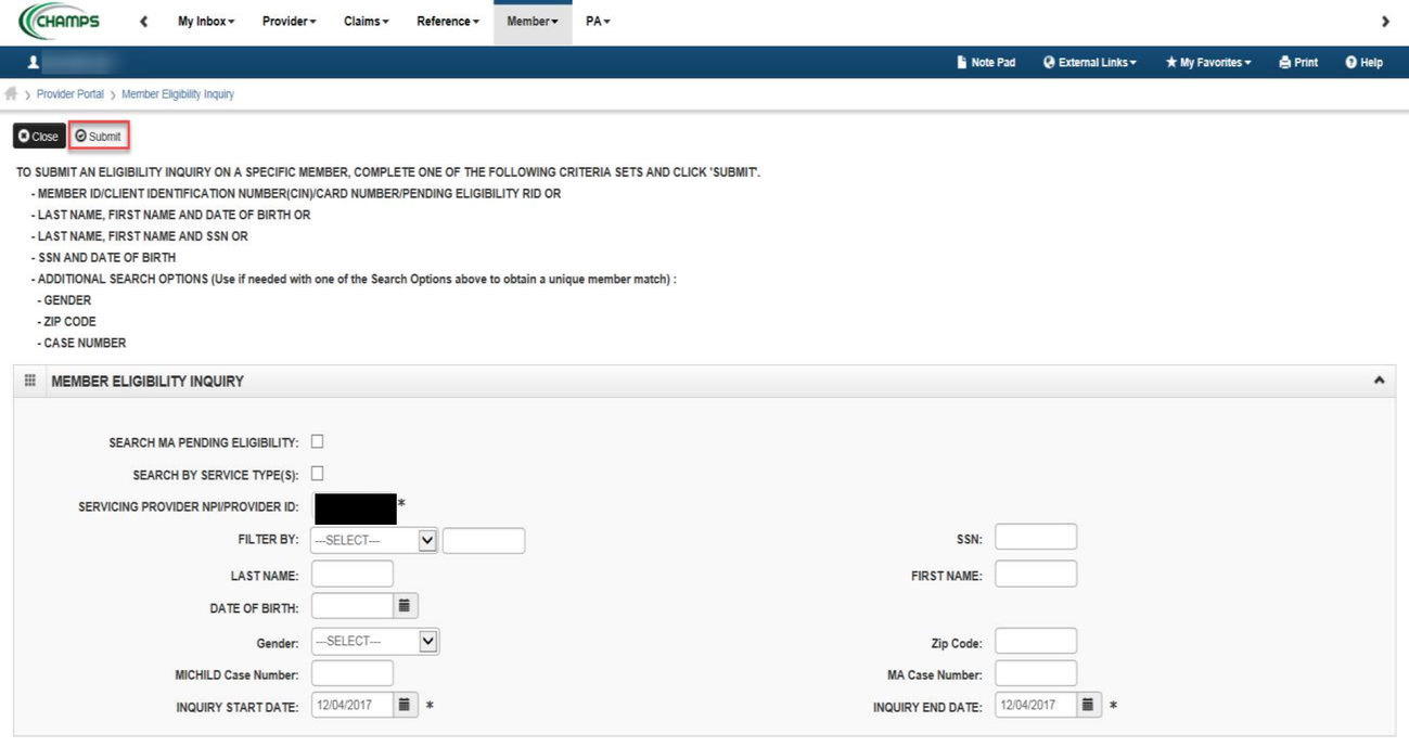 CHAMPS Member Eligibility Inquiry with Submit, provider ID, member-search fields and inquiry start and end dates.
