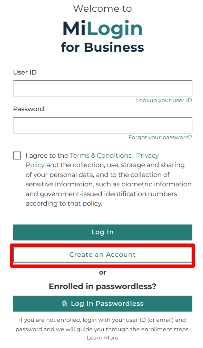 MILogin for Business sign-in form with Create an Account highlighted for new users