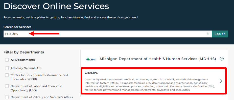 Discover Online Services with the CHAMPS search term and MDHHS CHAMPS result highlighted