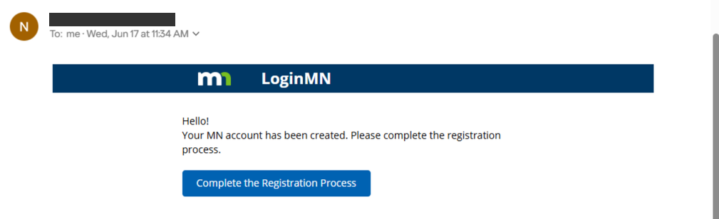 LoginMN invitation message with Complete the Registration Process button; sender email is covered.