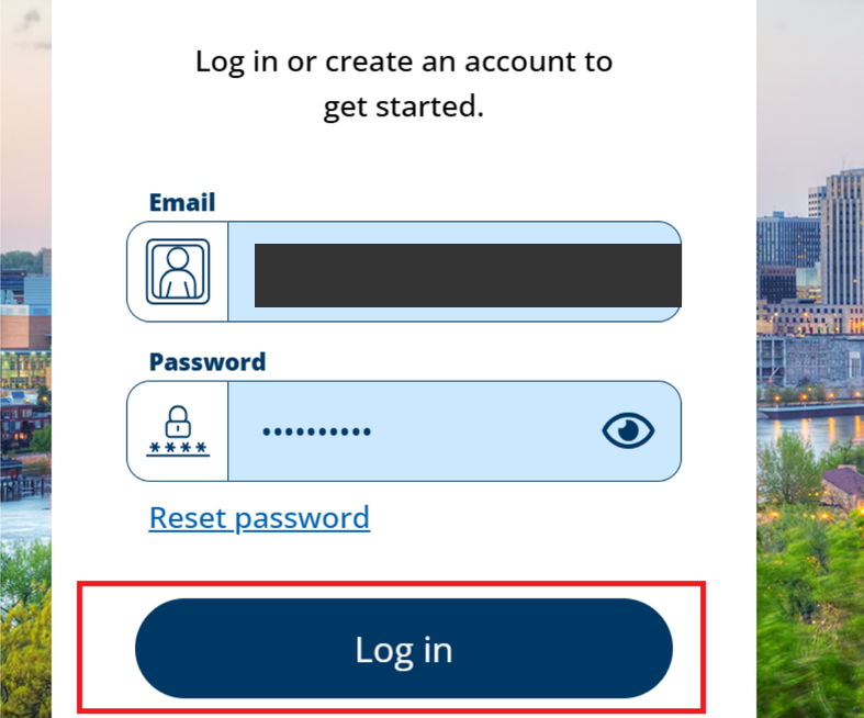 LoginMN email and password form with Reset password and Log in controls; sample email is covered.