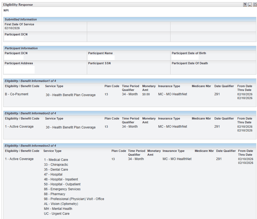 Eligibility Response with Submitted Information, obscured Participant Information and Eligibility/Benefit Information rows