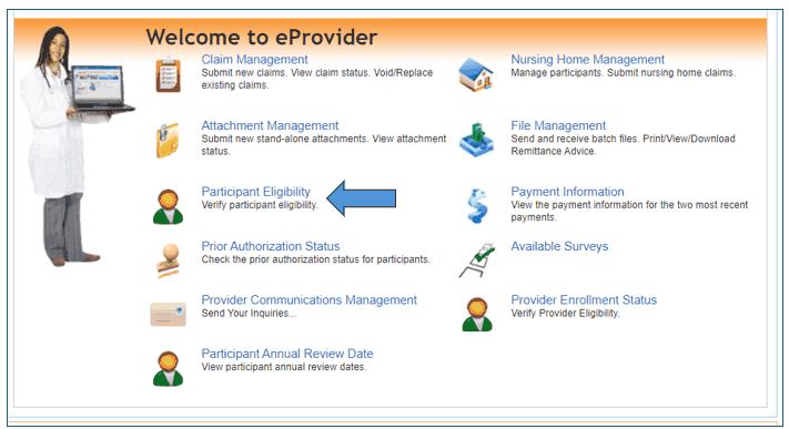eProvider menu with Participant Eligibility highlighted by an arrow and other provider task links