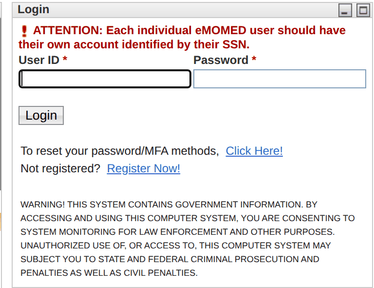 eMOMED Login panel with individual-account notice, User ID, Password, Login, password/MFA reset and Register Now