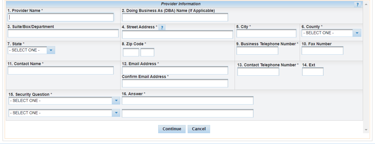 Blank enrollment fields for provider name, mailing address, contact details and security questions, with Continue and Cancel