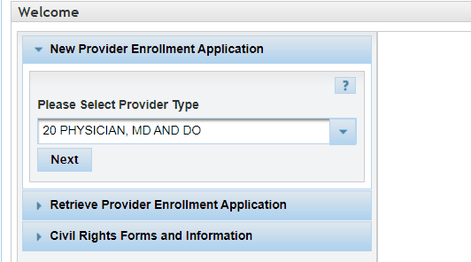 New Provider Enrollment Application with provider-type dropdown, physician example selection, Next, Retrieve Provider Enrollment Application and Civil Rights Forms