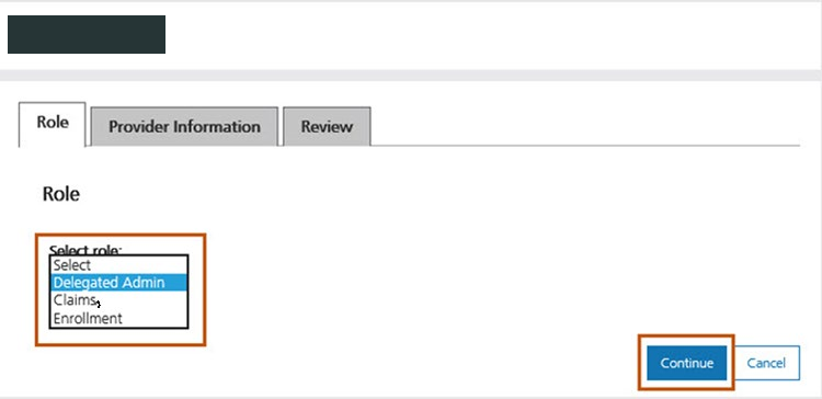 Add provider user Role tab with Delegated Admin, Claims and Enrollment options, Provider Information and Review tabs, Continue and Cancel; the sample user name is masked.