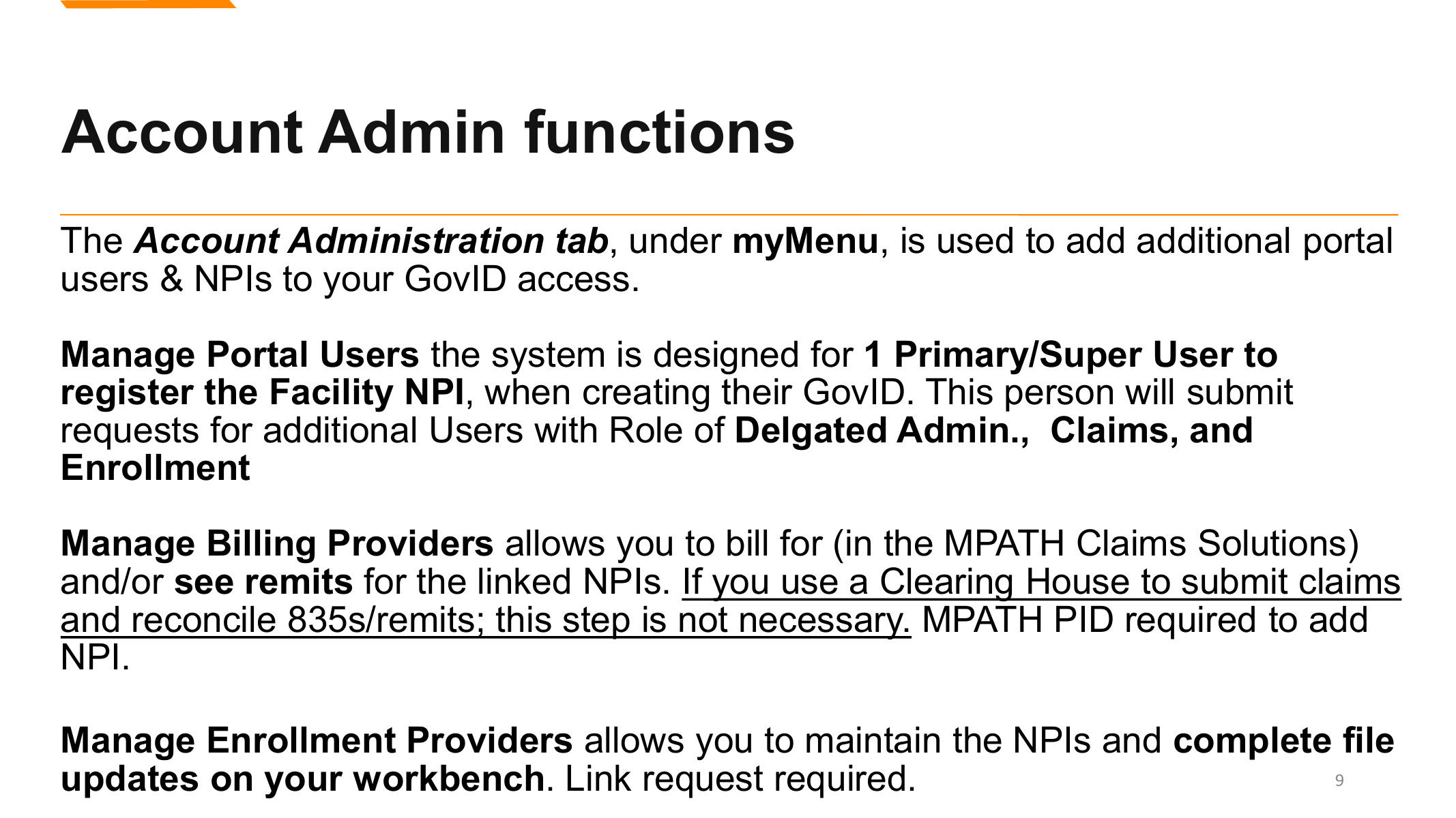 Montana Provider Services training slide describing delegated admin, claims, enrollment, billing provider, and enrollment provider functions