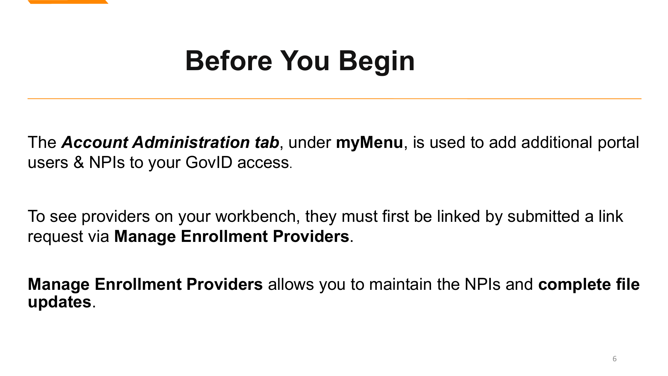 Montana Provider Services training slide explaining that Account Administration is used to add portal users and NPIs