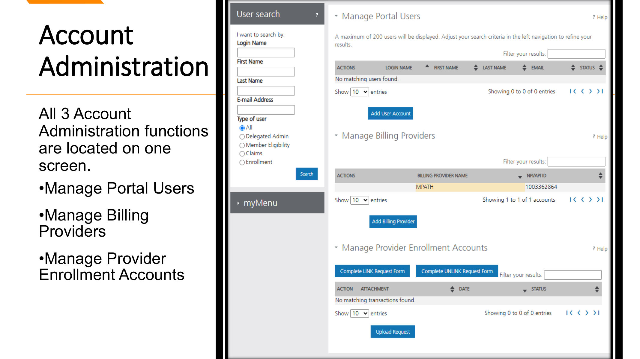 Montana Provider Services training screenshot showing Manage Portal Users, Manage Billing Providers, and Manage Provider Enrollment Accounts