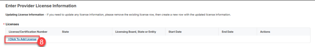 Provider Flex license section with Click to Add License and columns for license, state, licensing board and dates