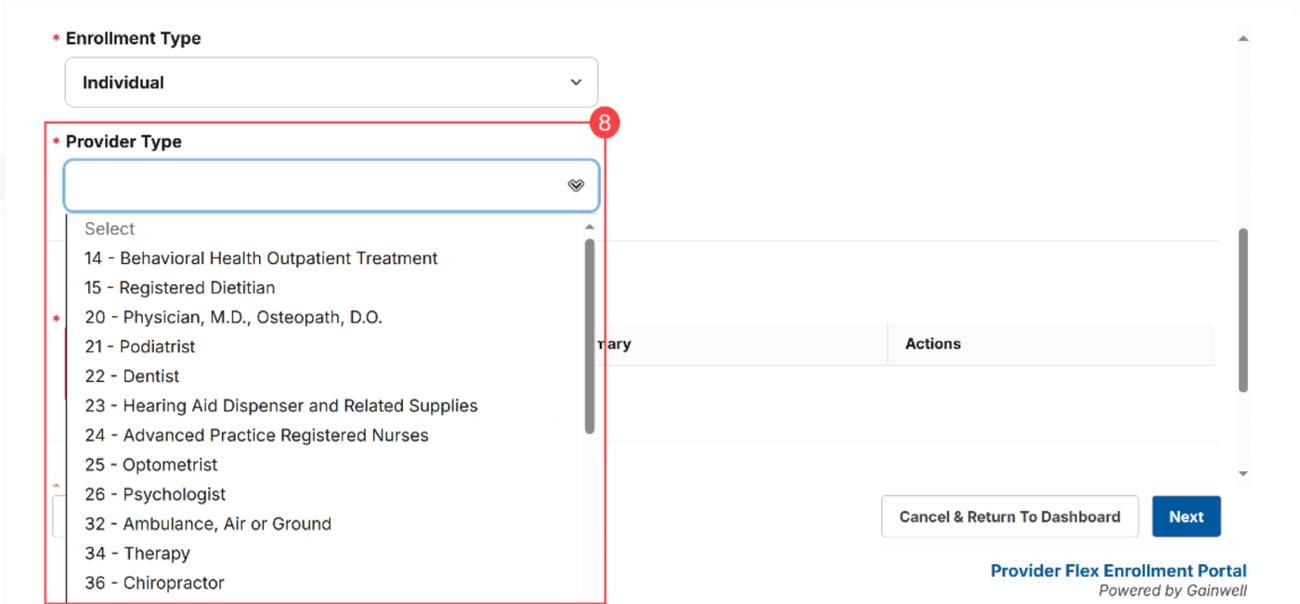 Individual Provider Flex Enrollment Type and Provider Type menu including 14 — Behavioral Health Outpatient Treatment