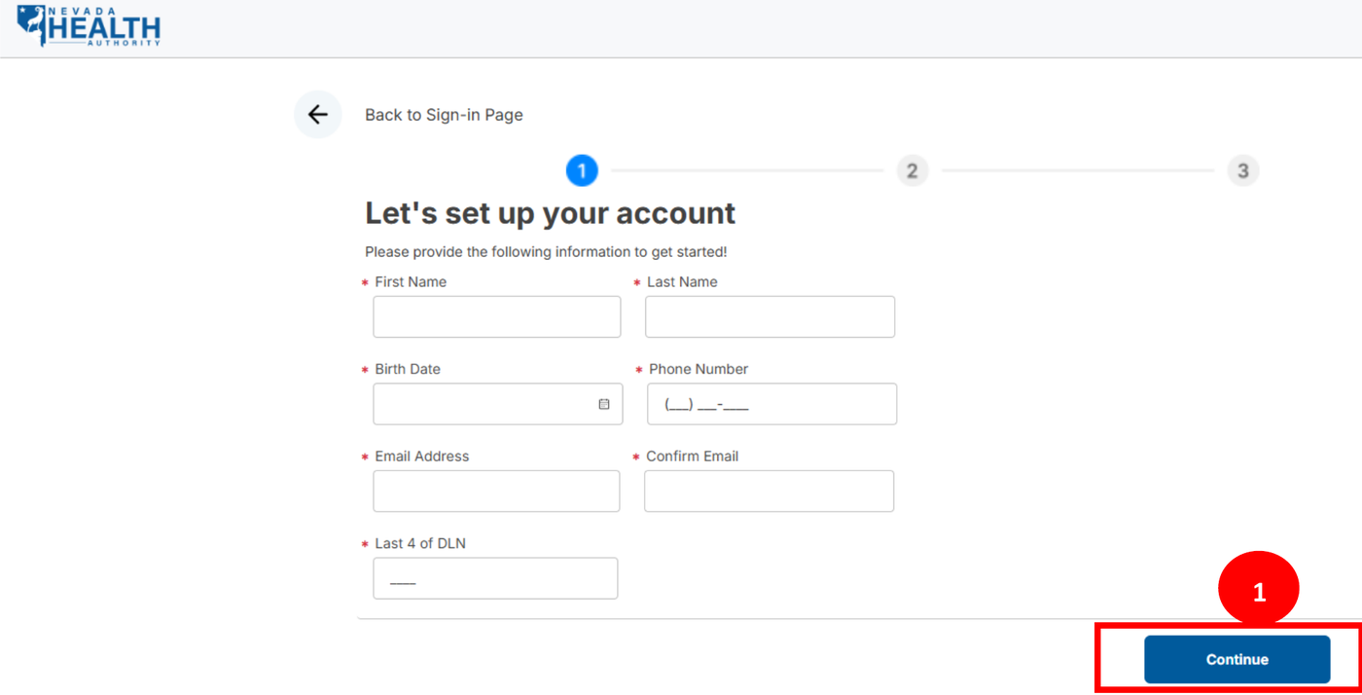 Provider Flex account setup with First Name, Last Name, Birth Date, phone, email and last four DLN fields followed by Continue