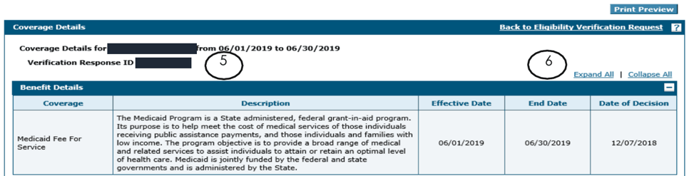 PWP Coverage Details with Verification Response ID, Benefit Details, Medicaid Fee For Service, Effective Date, End Date, Print Preview, Expand All and Collapse All; sample identifiers are masked