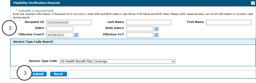 PWP Eligibility Verification Request with recipient search fields, effective dates, service type and Submit; use the visit’s date range
