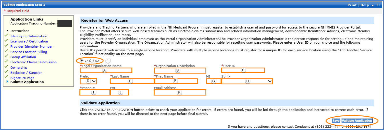 Submit Application Step 1 with Register for Web Access, administrator identity fields, Save and Validate Application