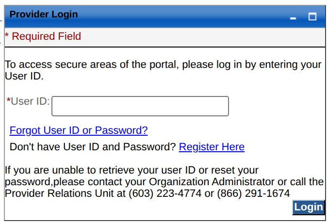 Provider Login panel with User ID, Forgot User ID or Password, Register Here and Login