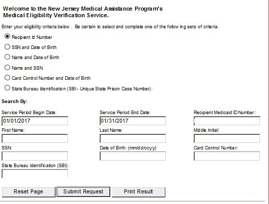 eMEVS search criteria, service-period dates and recipient fields, with Reset Page, Submit Request and Print Result buttons