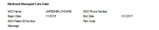 Medicaid Managed Care Data with MCO Name, begin and end dates, MCO Phone Number and Plan Code fields