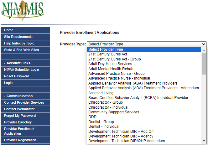 NJMMIS Provider Type dropdown with 21st Century Cures Act and 21st Century Cures Act - Group among the visible choices