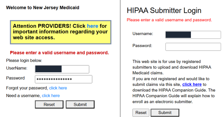 NJ Medicaid provider login on the left and separate HIPAA Submitter Login on the right, with username, password, Reset and Submit controls; example usernames masked