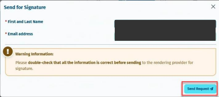 Send for Signature dialog: verify the recipient and select Send Request; sample recipient fields are covered.