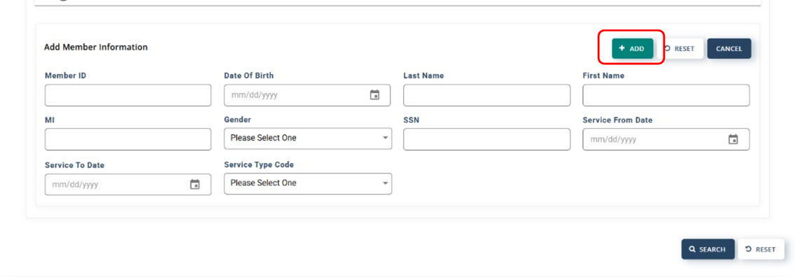Add Member Information form with blank search fields and the Add and Search controls.