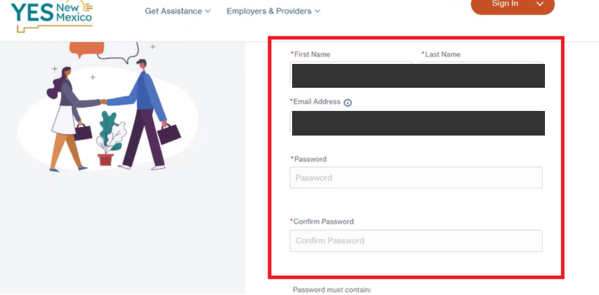 YesNM account form with first name, last name, email, password and confirm password fields; example identifiers are covered.