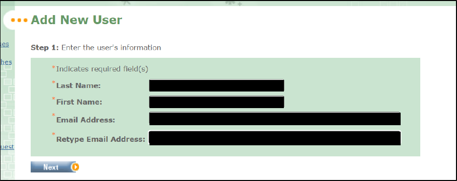 Add New User: enter the biller’s own name and email, then choose Next