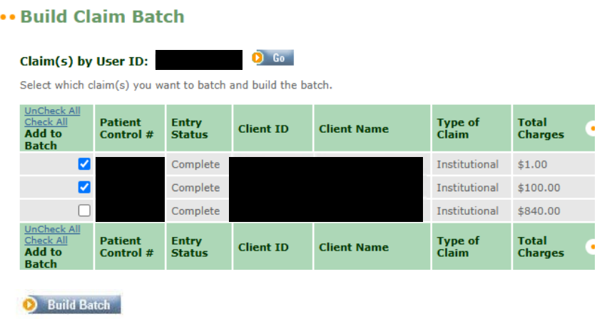 Build Claim Batch: select Complete claims and choose Build Batch; the manual uses an institutional example for this shared screen