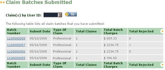 Claim Batches Submitted: review the submitted batch, claim count and rejection information