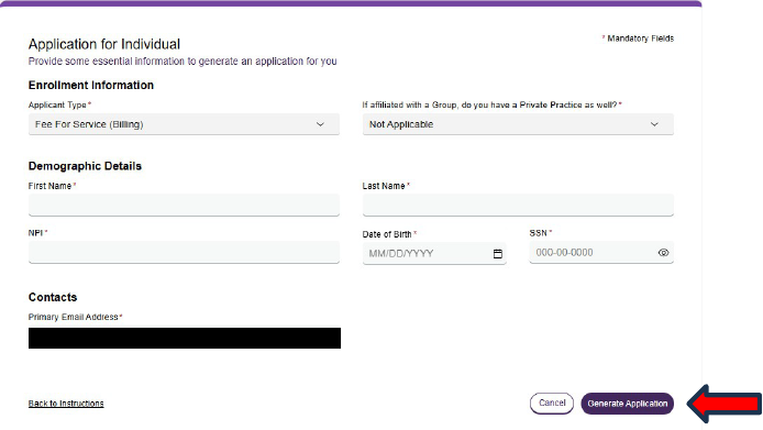 PSP individual application: choose the correct applicant type, enter required details and select Generate Application
